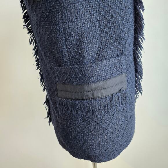 Tory Burch Navy Long Sleeve Tweed Fringe Cross Grain Blazer Sz 4 (708) - Picture 5 of 11